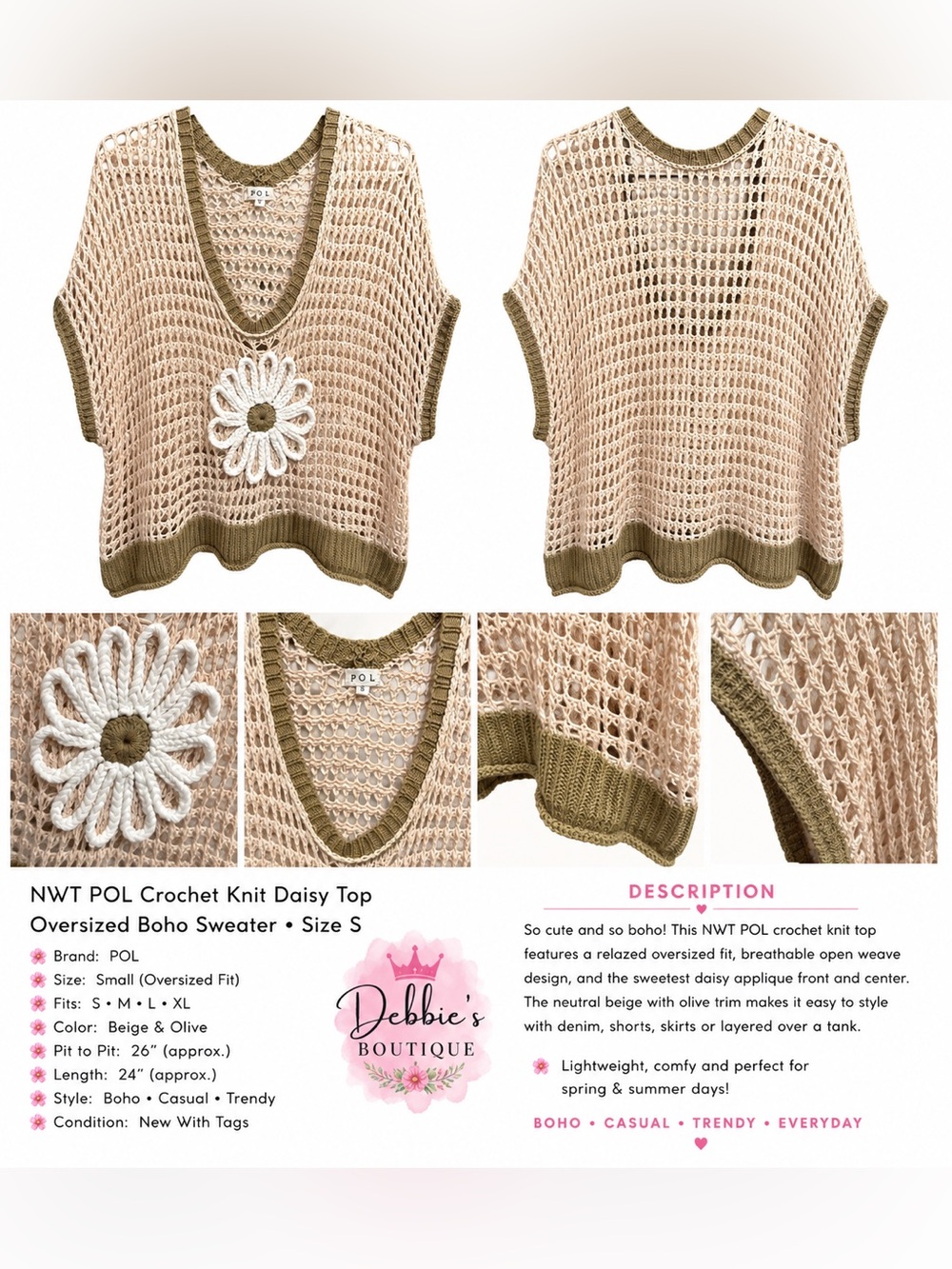 NEW POL Oversized Crochet Daisy Sweater Top Boho Beige Olive Size Small - Picture 2 of 4